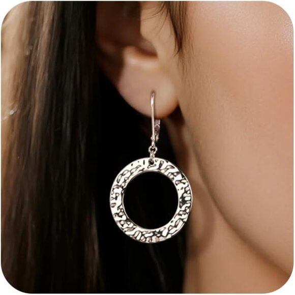 Silver Drop Handmade Hammered Circle Round Dangle Minimalist Earring for Women - Picture 7 of 7